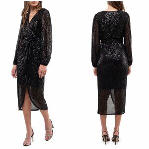 Black Sequin Long Sleeve Faux Wrap Formal Dress by August Sky